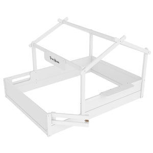 English Elm Queen House Shaped Kids Floor Bed Pine Wood Frame with Guardrails and Personalized Headboard Light White W1580P396334