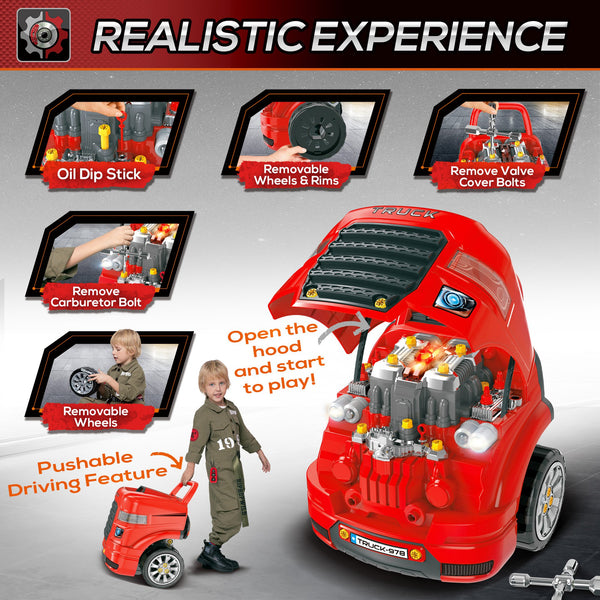 English Elm Qaba Kids Mechanic Workshop Truck Toy with Sounds Lights and 61 Piece Engine Set W2225P200404