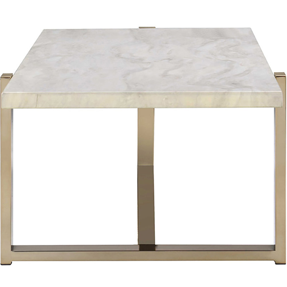 English Elm White Faux Marble Coffee Table with Champagne Geometric Metal Base — Modern Luxe, Durable Design B062P189196