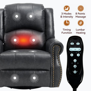 English Elm Heat Massage Rocker Swivel Recliner Chair with Lumbar Relief Nodes for Living Room Grey W3224S00030