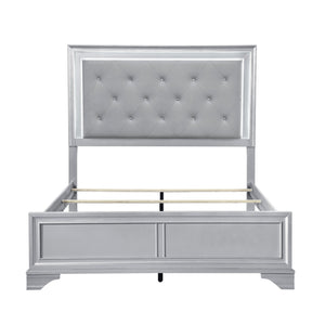 English Elm Silver Framed Queen Bed Tufted Knit Headboard with Built-in Led Ambient Lighting Glam B011S02470