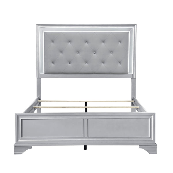 English Elm Silver Framed Queen Bed Tufted Knit Headboard with Built-in Led Ambient Lighting Glam B011S02470
