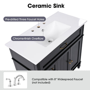 English Elm 36" Modern Bathroom Vanity with Ceramic Sink, Solid Wood + MDF Frame, Sleek Freestanding Design Black N725P195410B