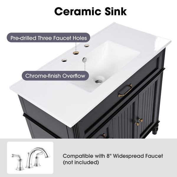 English Elm 36" Modern Bathroom Vanity with Ceramic Sink, Solid Wood + MDF Frame, Sleek Freestanding Design Black N725P195410B