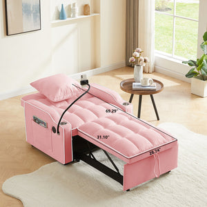 English Elm 3-in-1 Convertible Sofa Bed with USB & Type-C Ports, Cup Holders, Adjustable Backrest for Small Spaces Pink W2151142228
