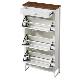 English Elm Shoe Storage Cabinet Slim 3 Flip Drawers + 1 Drawer, Holds 12-15 Pairs, Durable MDF & Metal Frame, Alabaster090 W2948P245239