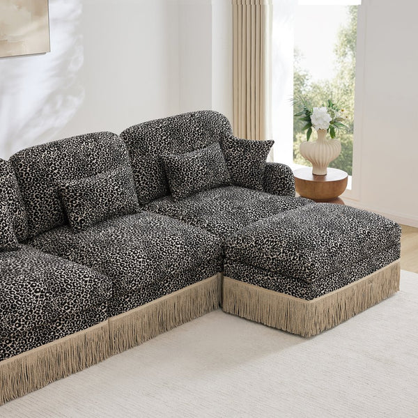 English Elm 131"comfy Chenille Leopard Print U-shaped Sectional with Tassel Trim and Modular Ottomans Khaki W5656S00027