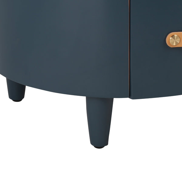 English Elm Christopher Knight Home® - Contemporary Round Nightstand with Drawer & Open Shelf, Curved Bedside Table with Leather Handles Blue 22 L x 22 W x 19.75 H N761P285708C