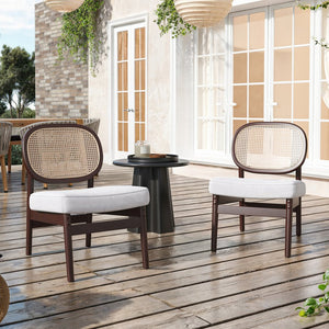 English Elm Rattan Mid-Century Accent Chair with Handcrafted Rattan Back, Solid Wood Frame, Comfortable Velvet Seat Beige T3623P409097