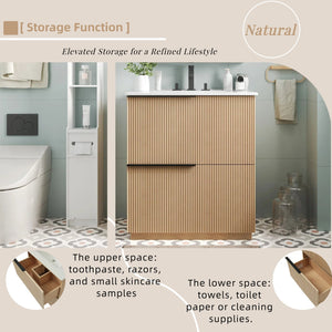 English Elm Christopher Knight Home® - 30" Bathroom Vanity With Ceramic Sink, Soft-Close Drawers & Fluted Natural Finish For Elegant Style N817P295760N
