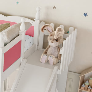 English Elm Twin Loft Bed Solid Pine Frame with Wardrobe Shelving Detachable Slide Kids Room Pink+White W5305S00016