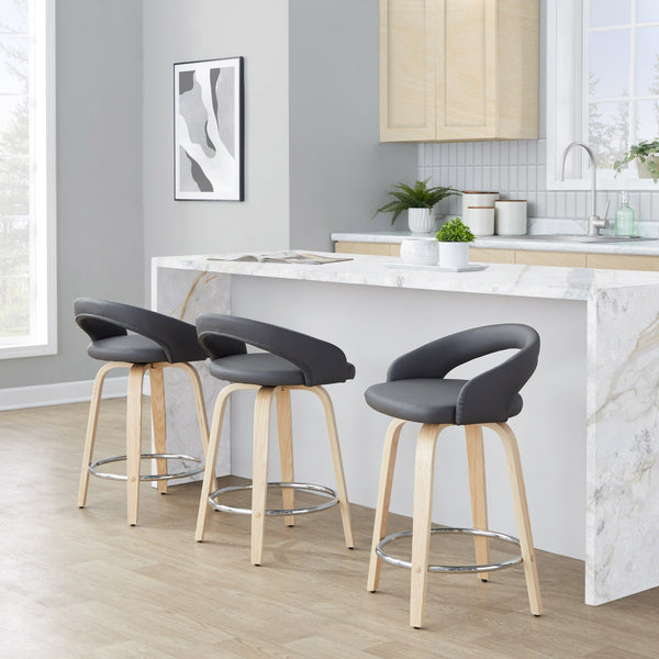 English Elm Fixed-height Swivel Counterstools Natural Wood Frame Grey Faux Leather Chrome Footrest Pair B202S01757