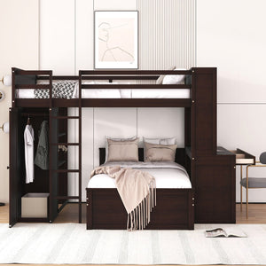 English Elm Full Twin Loft Bed with Desk Wardrobe Shelves Pine Wood Frame Kids Bedroom Espresso LT000821AAP-1