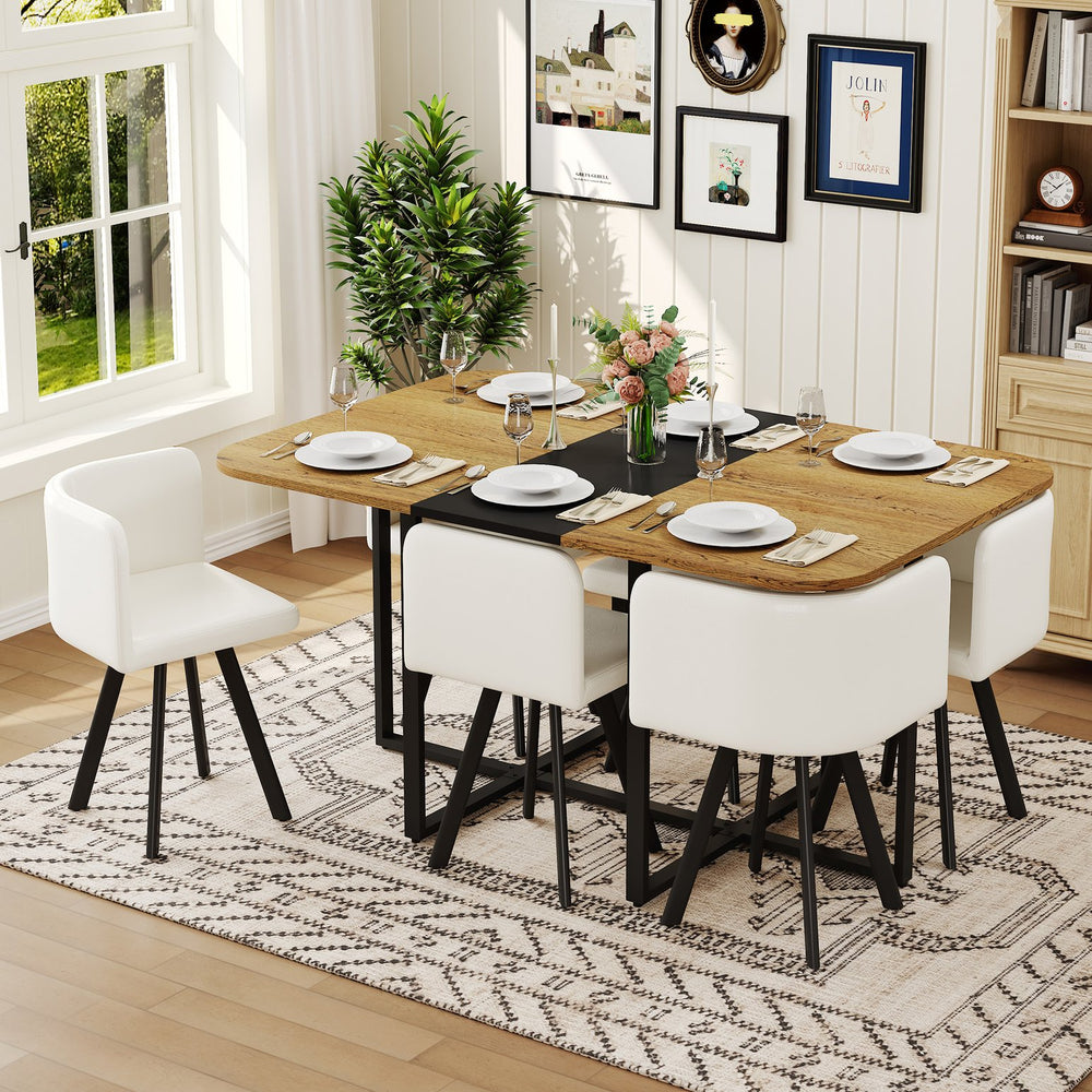 English Elm 7-piece Rectangular Dining Set Seats 6 with Faux Leather Chairs and Melamine Top Black,White,Wood W3875S00111