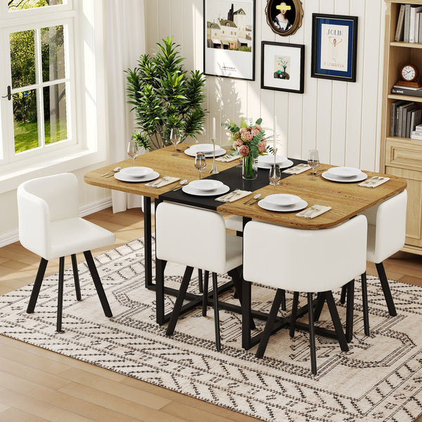English Elm 7-piece Rectangular Dining Set Seats 6 with Faux Leather Chairs and Melamine Top Black,White,Wood W3875S00111