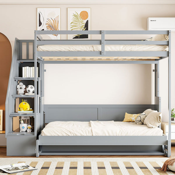 English Elm Full Over Murphy Bunk Bed with Hydraulic Lift Desk and Staircase Storage Gray LP200698AAE