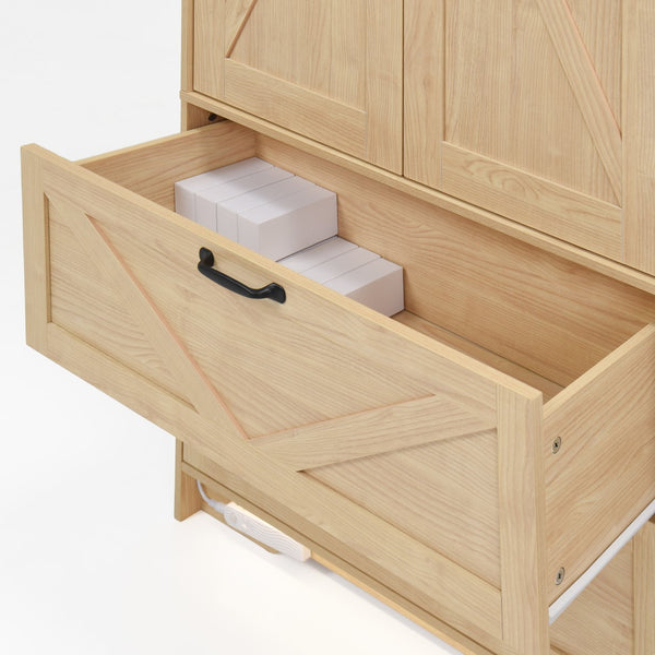English Elm 4 Door Wooden Wardrobe Cabinet with Led Sensor Light Mirror and Drawers for Bedroom W409S00006