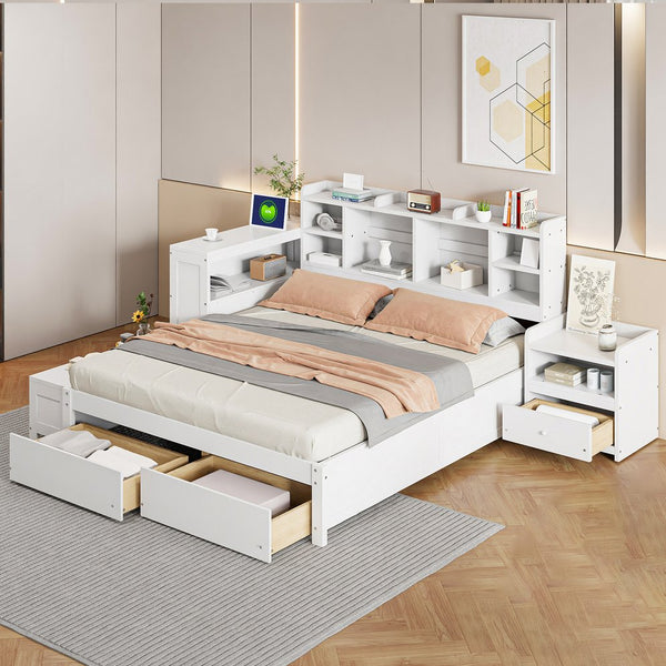 English Elm Full Size Wooden Platform Bed With Desk, Storage Drawers, Usb Ports, Nightstand & Modern Design N820S00029K