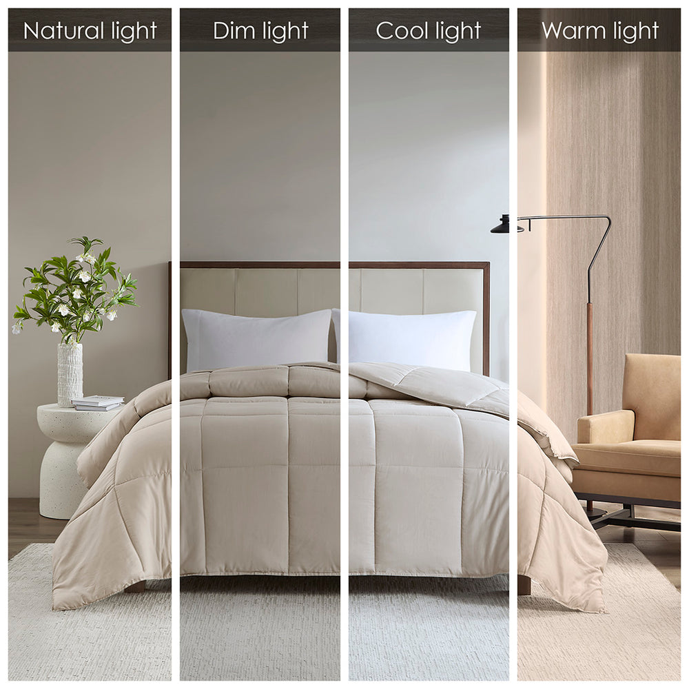 JLA Home Madison Park - 300 Cotton Sateen Comforter with Hypoallergenic Down Alternative, OEKO‑TEX Certified, Breathable Warmth Tan MP10-8361