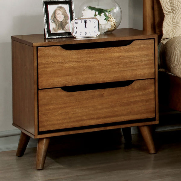 English Elm Mid-Century Nightstand with Solid Wood Construction, Tapered Round Legs, Recessed Pulls, 2-Drawer Stylish Bedside Table Oak 28 L x 21 W x 21 H B011P236773