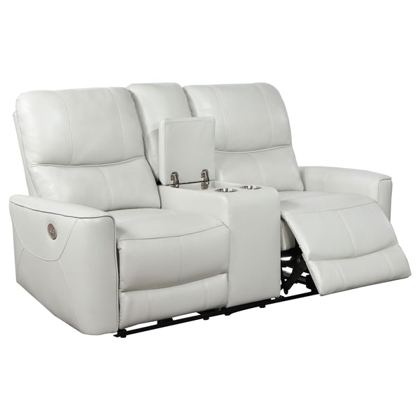 English Elm Denson Dove Grey Power Reclining Loveseat with Console, Cup Holders & Easy-Care Leatherette Comfort B062P353261