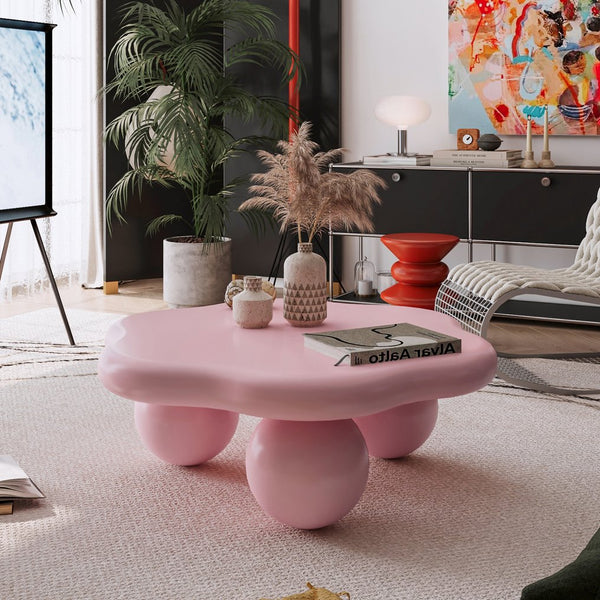English Elm 35" Cloud Shaped Mdf Coffee Table Sculptural Round Top with Spherical Legs for Modern Living Pink W1435S00026