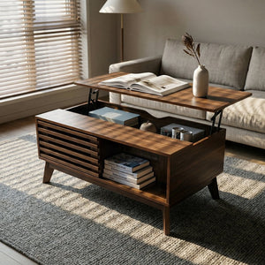 English Elm Lift Top Coffee Table Walnut Finish Mid Century Hidden Storage Slatted Cabinet W3204P465920