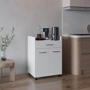 English Elm Kitchen Compact Cart with 2 Doors, 1 Drawer & 2 Shelves on 4 Swivel Wheels — White Engineered Wood Storage B097P350298