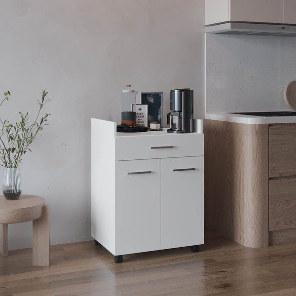 English Elm Kitchen Compact Cart with 2 Doors, 1 Drawer & 2 Shelves on 4 Swivel Wheels — White Engineered Wood Storage B097P350298