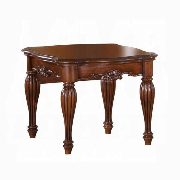 English Elm Cherry End Table with Carved Apron and Turned Fluted Legs, Cherry Veneer Top, Sleek 18mm Profile B062P189187