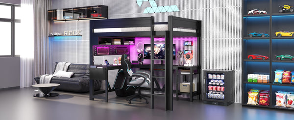 English Elm Wood Full Size Gaming Loft Bed With Integrated Desk, Charging Station & Led Lights - Black Finish N7090004022B-GIGA