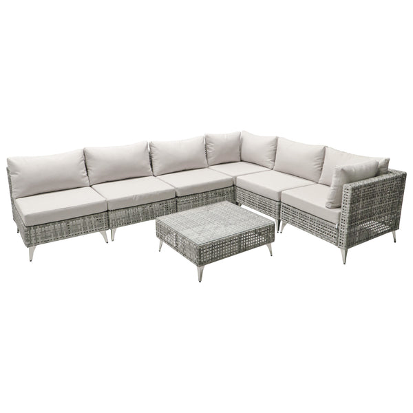 English Elm K&k 7 Piece Outdoor Modular Sectional Wicker Sofa Set with Tempered Glass Coffee Table Grey N707S000011G