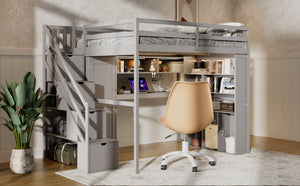 English Elm Full Loft Bed with Integrated Wardrobe Desk Shelving and Led Lighting for Teen Rooms Grey LT000927AAE