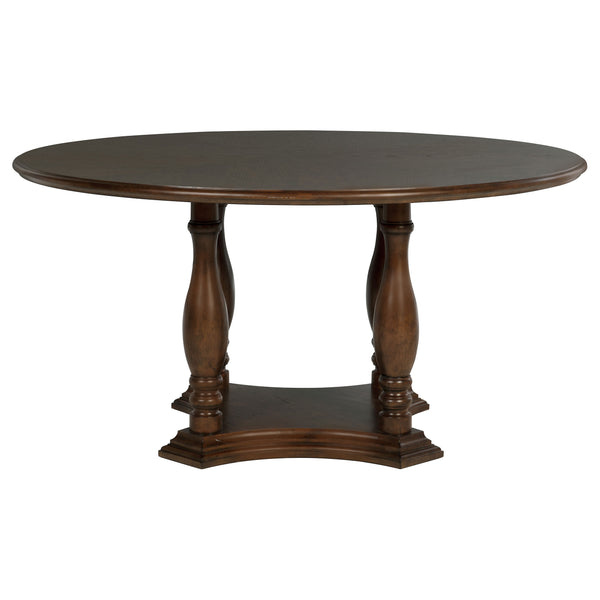 English Elm Claire Colonial Round Dining Set Seats Six with Upholstered Chairs in Warm Brown B062S01845