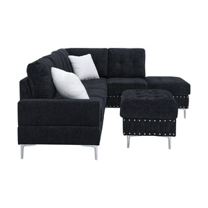 English Elm Sectional L-Shaped Chenille Sofa with Chaise Storage Ottoman, Metal Eucalyptus Frame, 4-Seater Spacious Navy Blue W1413S00118