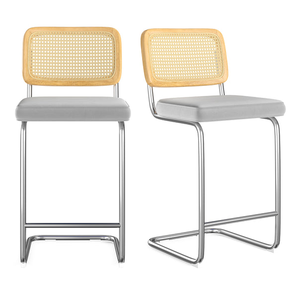 English Elm Counter Velvet Bar Stools Set of 2 with Rattan Back, Cantilever 26" Armless Counter Chairs, Light Grey, Anti-Slip Protector, Easy Assemble T3623P379870