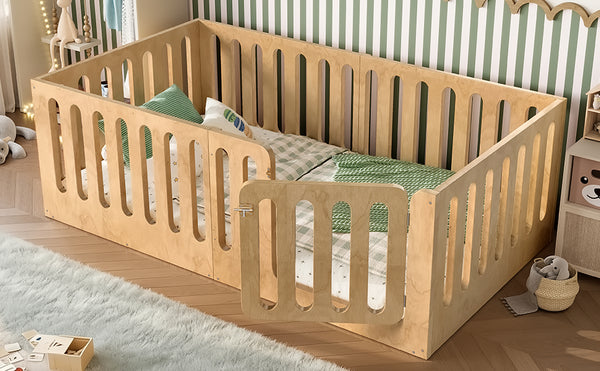 English Elm Twin Solid Pine Montessori Floor Bed with House Frame Door and Safety Fence Natural W5305P420633