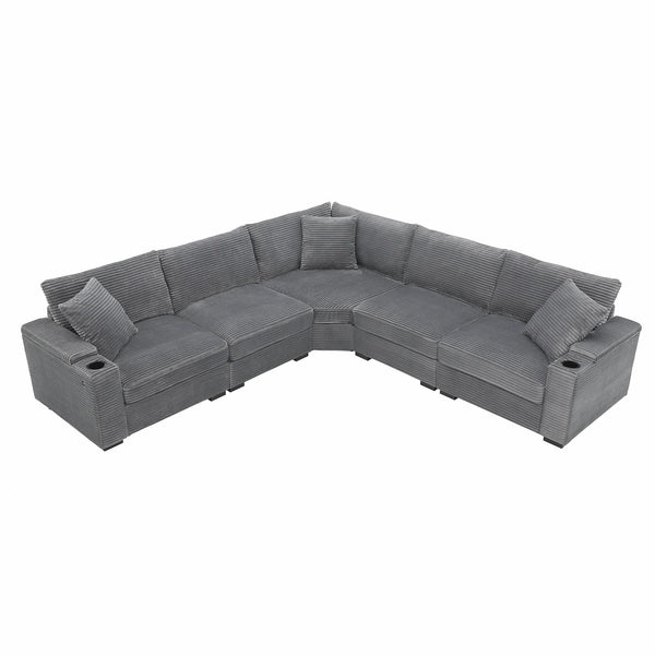 English Elm 104" Corduroy L-shaped Sectional with Usb Charging Armrest Storage and Cup Holders Gray N723S1187E