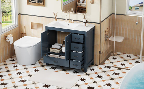 English Elm 36" Blue Bathroom Vanity with Ceramic Sink, 5 Drawers & Soft-Close Doors, Solid Wood Modern Storage N729P183735C