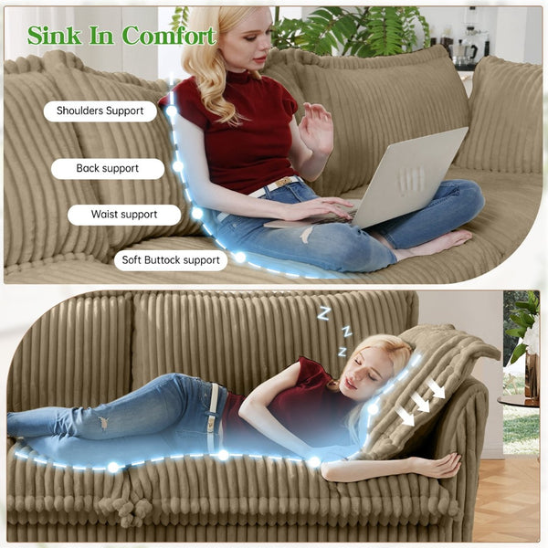 English Elm Slipcovered Long Sofa - Cozy 4-Seater Camel Corduroy Couch With Removable Covers For Easy Care W3041S00069-GIGA