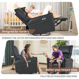 English Elm Power Power Swivel Rocker Recliner Chair with Wide Armrests, Dual USB Charging Ports, Compact Comfort Black PU W1028S00031