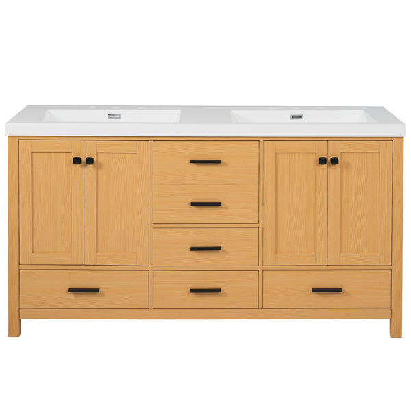 English Elm [video]59.3 Inch Wall Mounted Double Sink Vanity Wood Grain Mdf Soft Close Storage N729P000013O