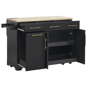 English Elm K&K Vintage Kitchen Island with Rubberwood Top, Hidden Wheels, Pull-Out Trash & Charging Station Black N707P299014B