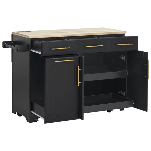 English Elm K&K Vintage Kitchen Island with Rubberwood Top, Hidden Wheels, Pull-Out Trash & Charging Station Black N707P299014B