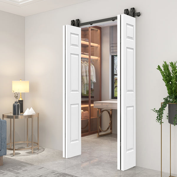 English Elm 24 in Primed Mdf Bi-fold Barn Door with Raised 6-panel Profile and Sliding Hardware B2763P491008