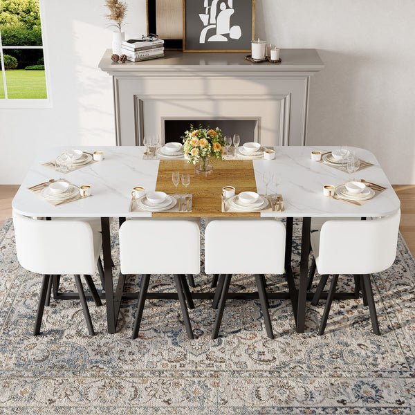 English Elm 9-piece Square Dining Set Faux Marble Wood Grain Table with 8 Pu Leather Chairs W3875S00147