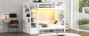 English Elm Full XL Loft Bed with Storage Staircase & Murphy Bed, Solid Pine, LED Light, Space-Saving White N7090004017K