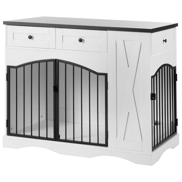 English Elm Go Farmhouse White Wood Dog Crate End Table with Three Drawers and Iron Door Panels N704P338959K