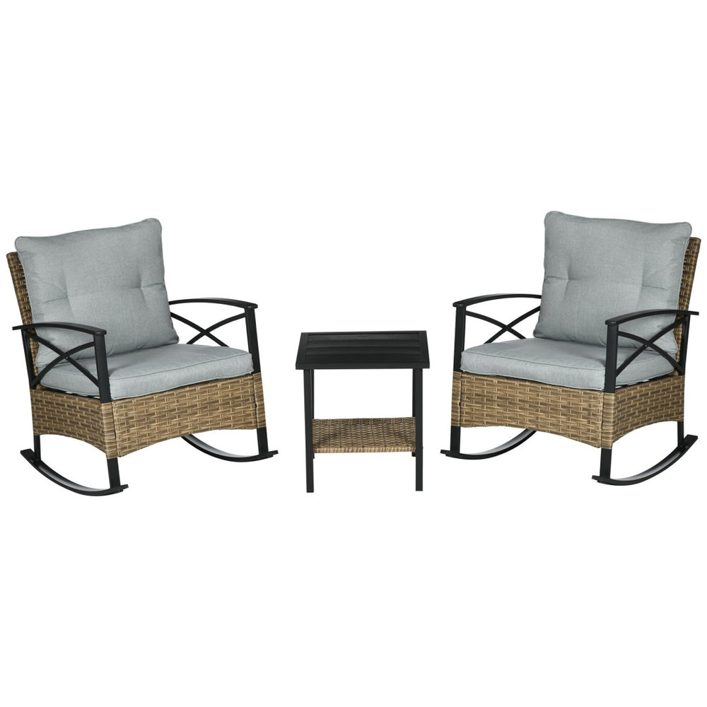 English Elm Outsunny 3-Piece Outdoor Rocking Chair Set With Cushioned Wicker Rockers & 2-Tier Coffee Table, Gray W2225P174019-GIGA