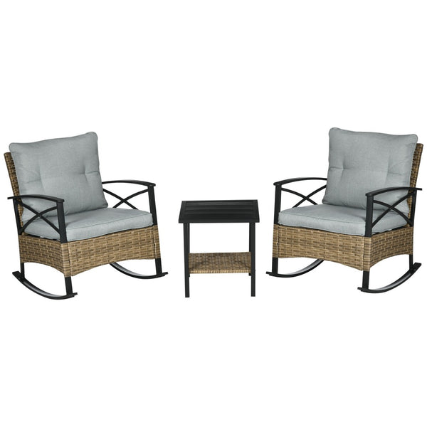 English Elm Outsunny 3-Piece Outdoor Rocking Chair Set With Cushioned Wicker Rockers & 2-Tier Coffee Table, Gray W2225P174019-GIGA